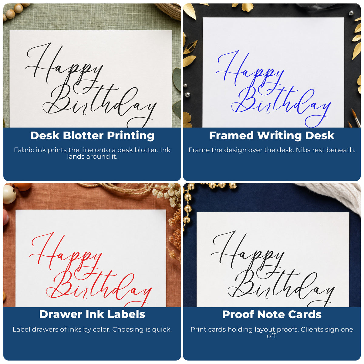 Four ways to use the Fine Calligraphy Birthday Greeting Wood Handle Stamp: desk blotter printing, framed writing desk, drawer ink labels and proof note cards.