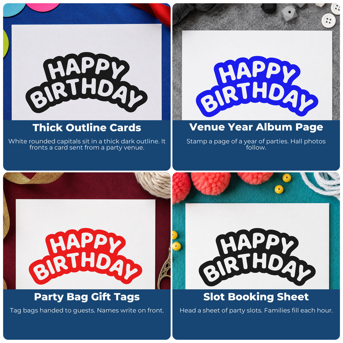 Four ways to use the Happy Birthday Bubble Line Art Hand Stamp – Duo: thick outline cards, venue year album page, party bag gift tags and slot booking sheet.