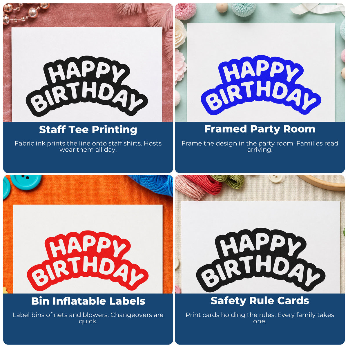 Four ways to use the Happy Birthday Bubble Line Art Stamp - Premium Vintage Pro Wooden: staff tee printing, framed party room, bin inflatable labels and safety rule cards.