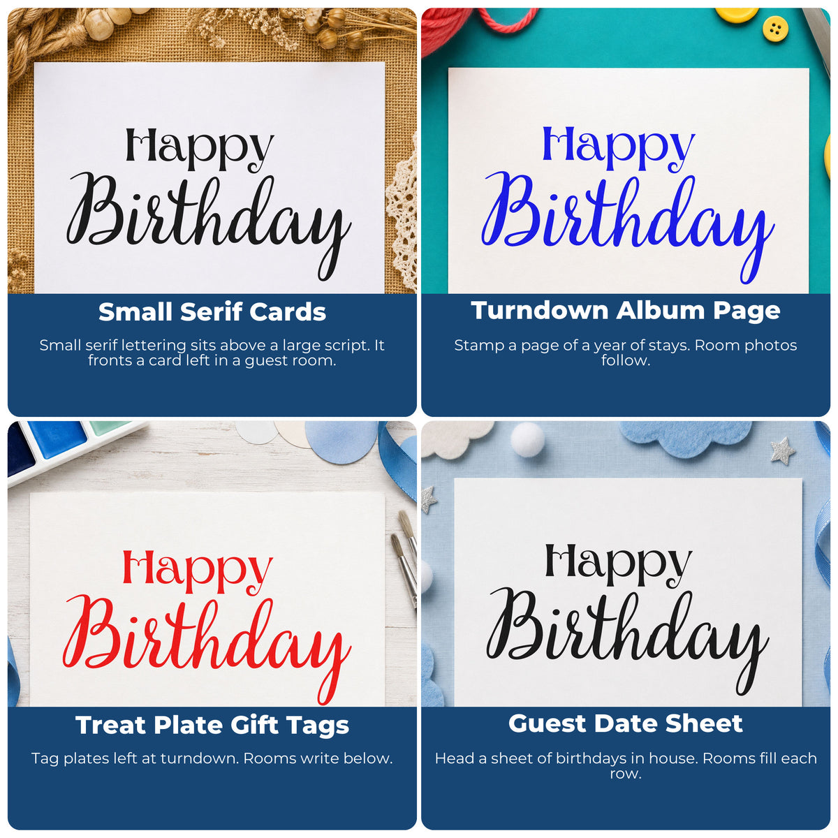 Four ways to use the Happy Birthday Serif Script Premium Wood-Mounted Stamp - Vintage Pro: small serif cards, turndown album page, treat plate gift tags and guest date sheet.