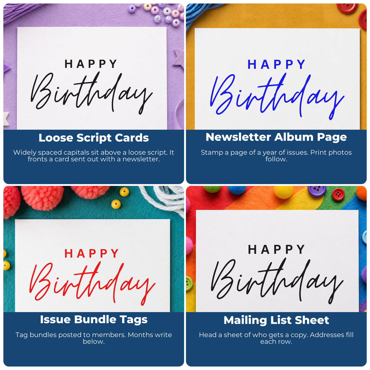 Four ways to use the Pre-Inked Happy Birthday Spaced Capitals Script Lettering Stamp – PSI: loose script cards, newsletter album page, issue bundle tags and mailing list sheet.