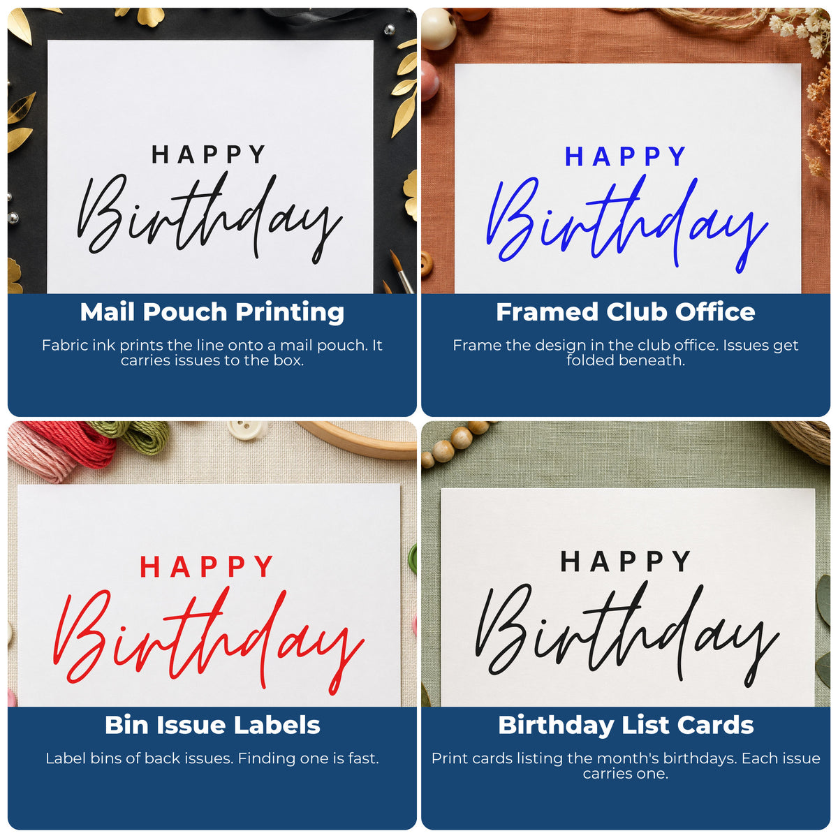 Four ways to use the Premium Wooden Happy Birthday Spaced Capitals Script Lettering Stamp - Vintage Pro: mail pouch printing, framed club office, bin issue labels and birthday list cards.