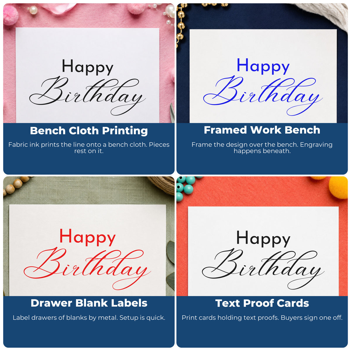 Four ways to use the Happy Birthday Fine Calligraphy Script Lettering Stamp - Premium Vintage Pro Wooden: bench cloth printing, framed work bench, drawer blank labels and text proof cards.