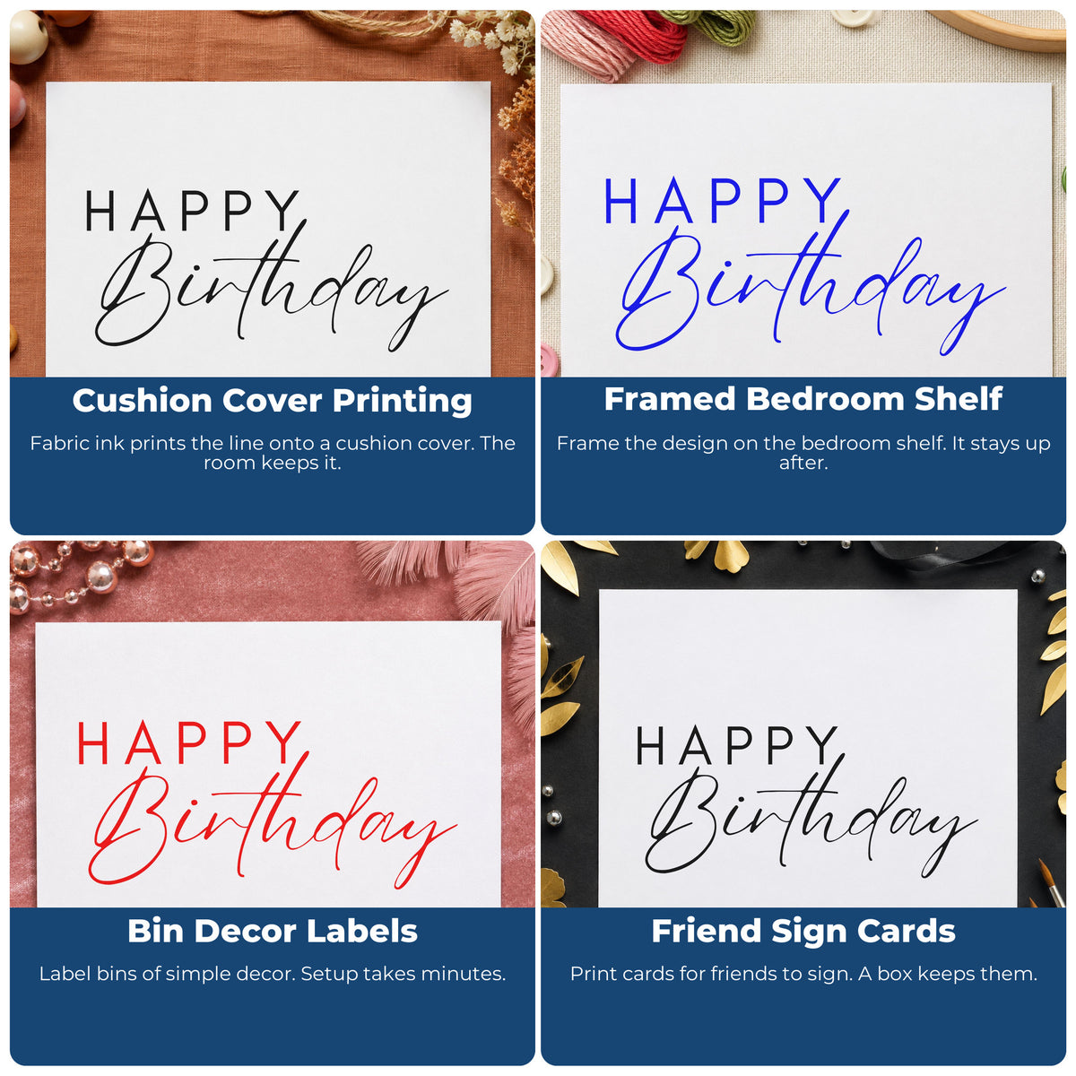 Four ways to use the Happy Birthday Thin Lettering Pre-Inked Stamp – PSI: cushion cover printing, framed bedroom shelf, bin decor labels and friend sign cards.