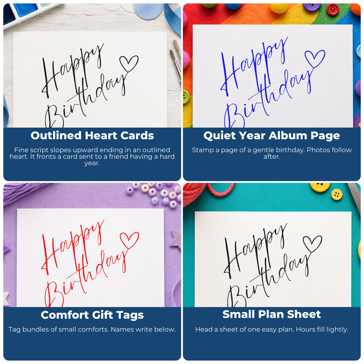 Four ways to use the Self-Inking Happy Birthday Diagonal Heart Script Stamp: outlined heart cards, quiet year album page, comfort gift tags and small plan sheet.