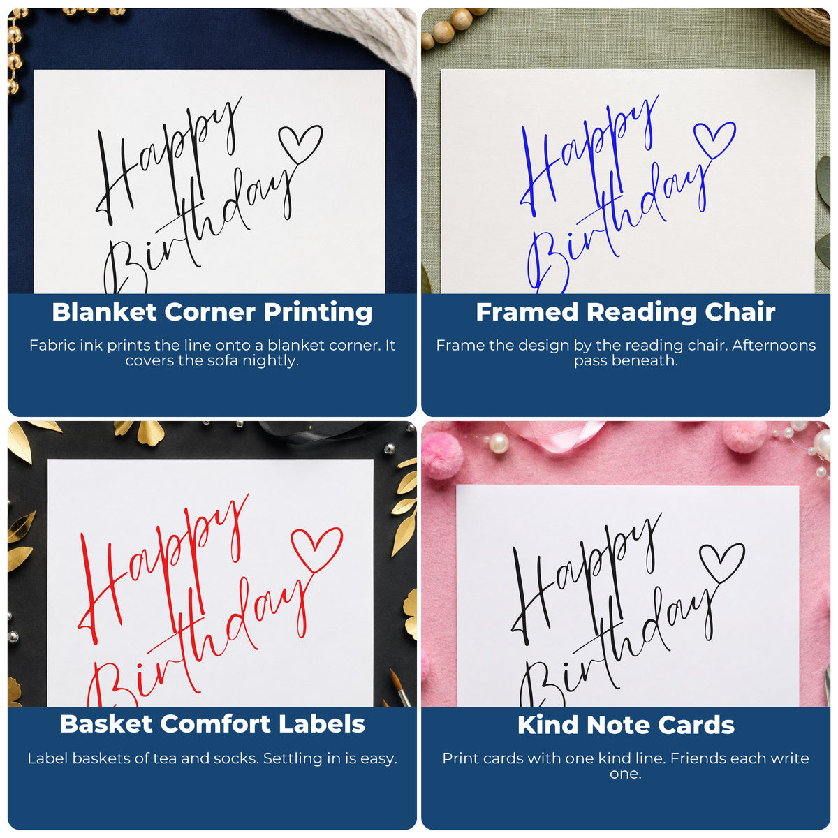 Four ways to use the Happy Birthday Diagonal Heart Script Rubber Stamp – Wood Handle: blanket corner printing, framed reading chair, basket comfort labels and kind note cards.