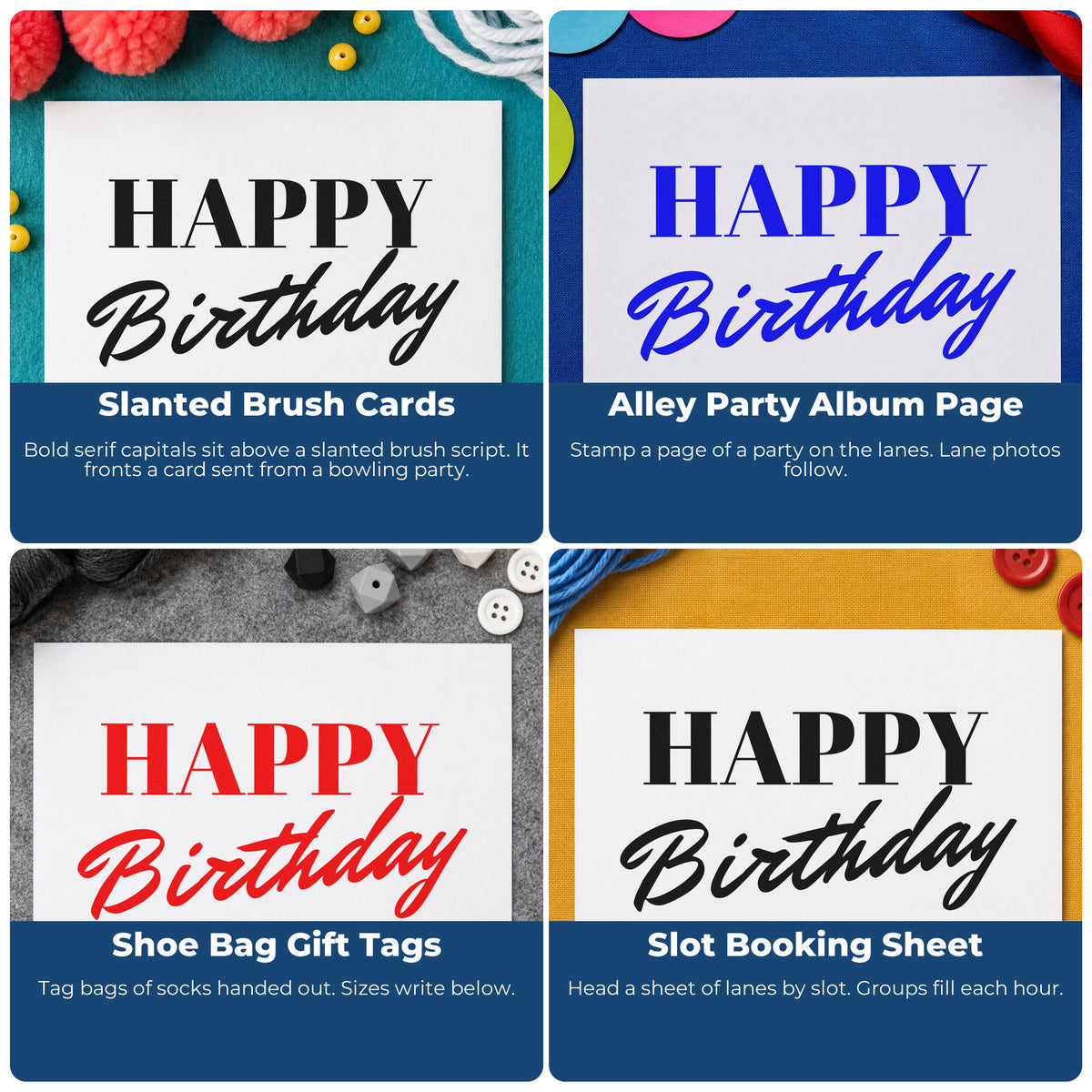 Four ways to use the Happy Birthday Serif Brush Script Lettering Pre-Inked Stamp – Slim: slanted brush cards, alley party album page, shoe bag gift tags and slot booking sheet.