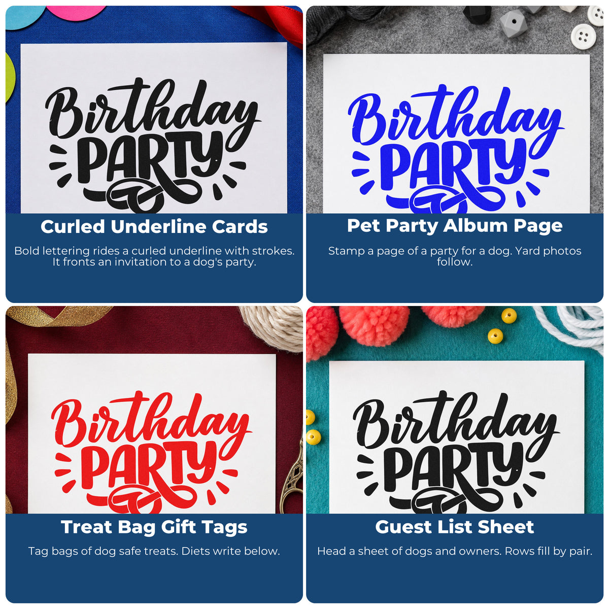 Four ways to use the Birthday Party Bold Flourish Wood Handle Stamp: curled underline cards, pet party album page, treat bag gift tags and guest list sheet.