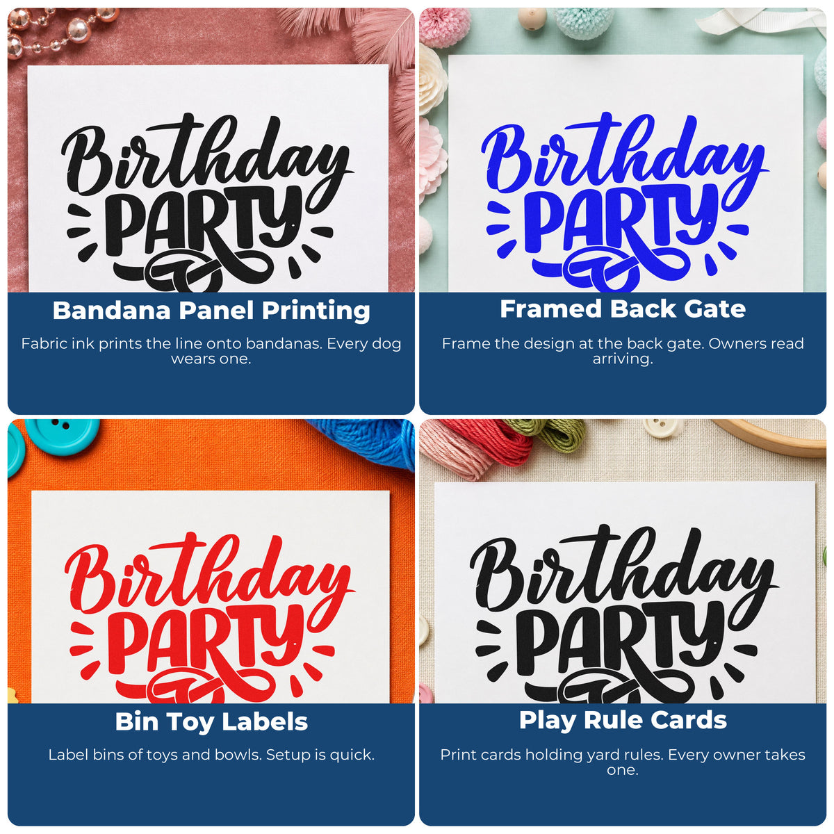 Four ways to use the Birthday Party Bold Flourish Slim Pre-Inked Stamp: bandana panel printing, framed back gate, bin toy labels and play rule cards.