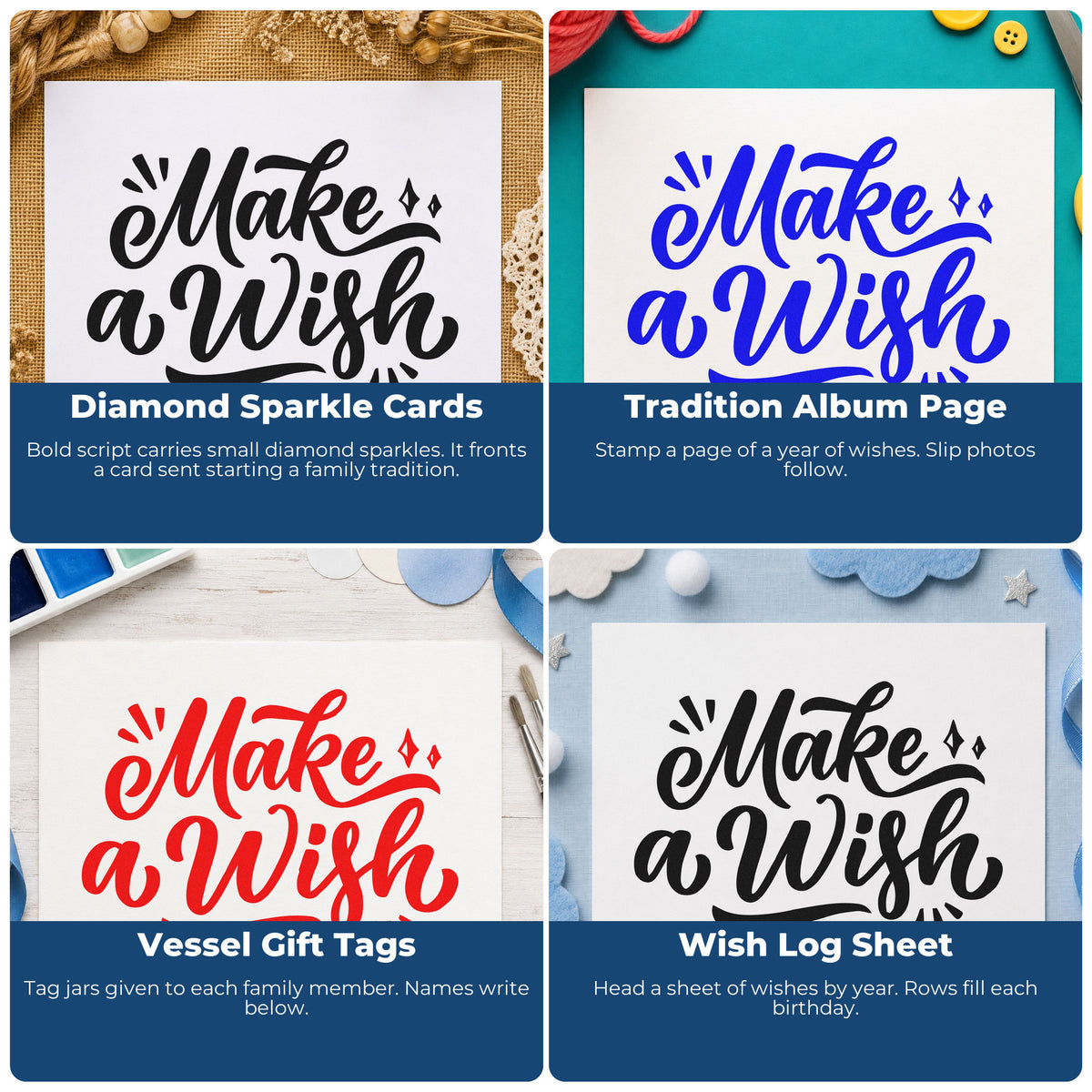 Four ways to use the Make A Wish Letter Art Craft Stamp – Self-Inking: diamond sparkle cards, tradition album page, vessel gift tags and wish log sheet.