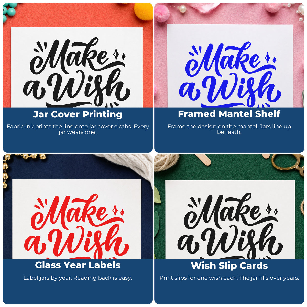 Four ways to use the Make A Wish Letter Art Rubber Stamp – Wood Handle: jar cover printing, framed mantel shelf, glass year labels and wish slip cards.