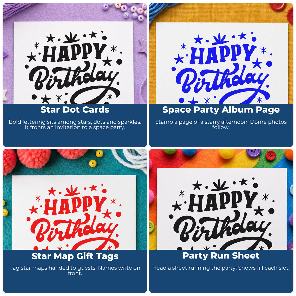 Four ways to use the Happy Birthday Star Confetti PSI Pre-Inked Stamp: star dot cards, space party album page, star map gift tags and party run sheet.