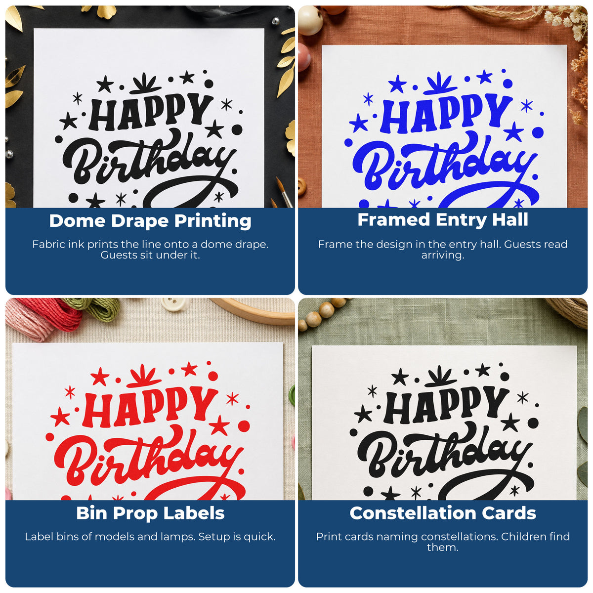 Four ways to use the Happy Birthday Star Confetti Rubber Stamp – Duo Hand: dome drape printing, framed entry hall, bin prop labels and constellation cards.