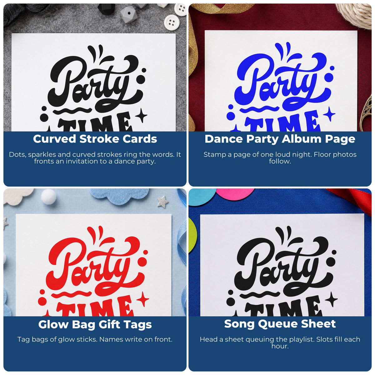 Four ways to use the Party Time Stamp – Self-Inking: curved stroke cards, dance party album page, glow bag gift tags and song queue sheet.