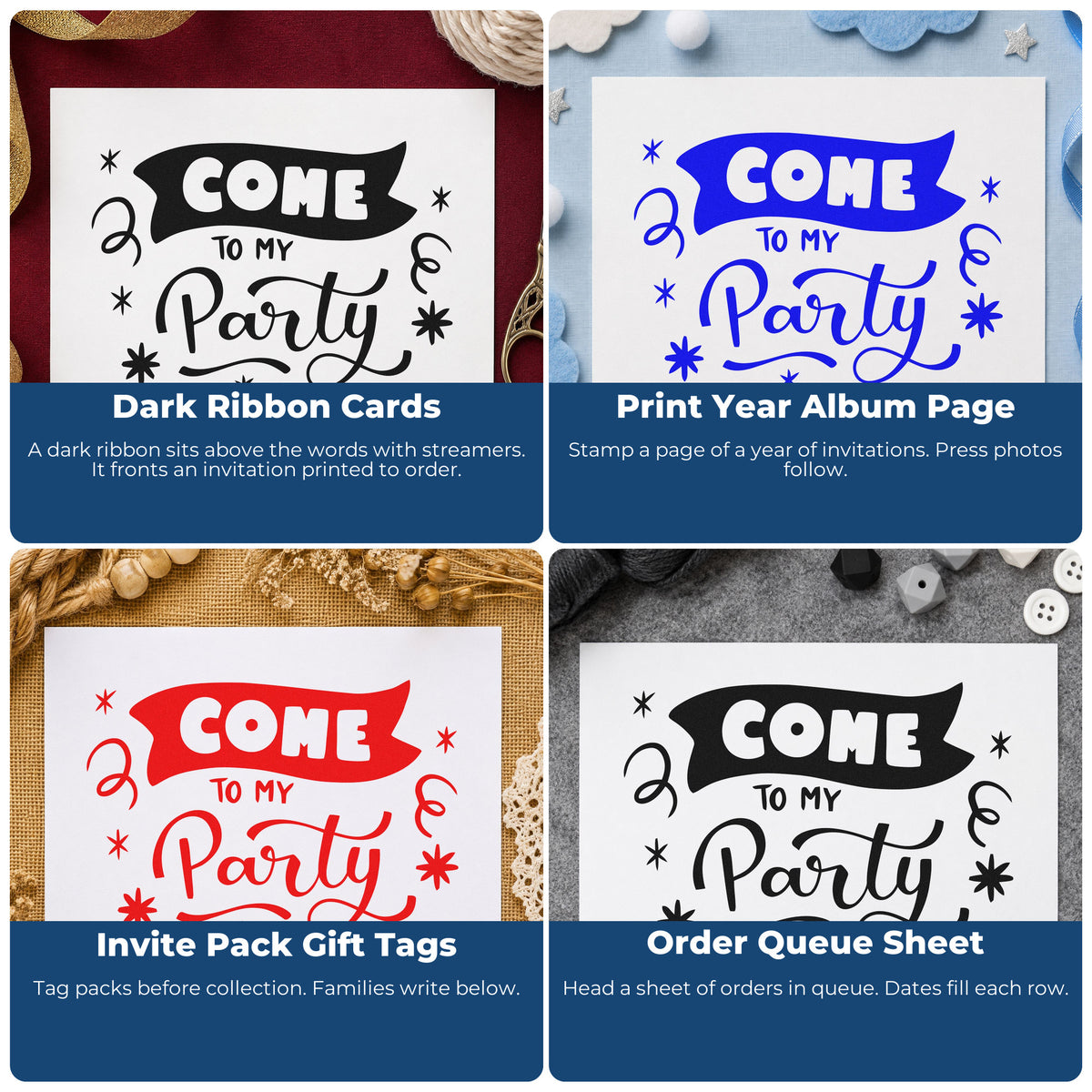 Four ways to use the Come To My Party Premium Wood-Mounted Stamp - Vintage Pro: dark ribbon cards, print year album page, invite pack gift tags and order queue sheet.