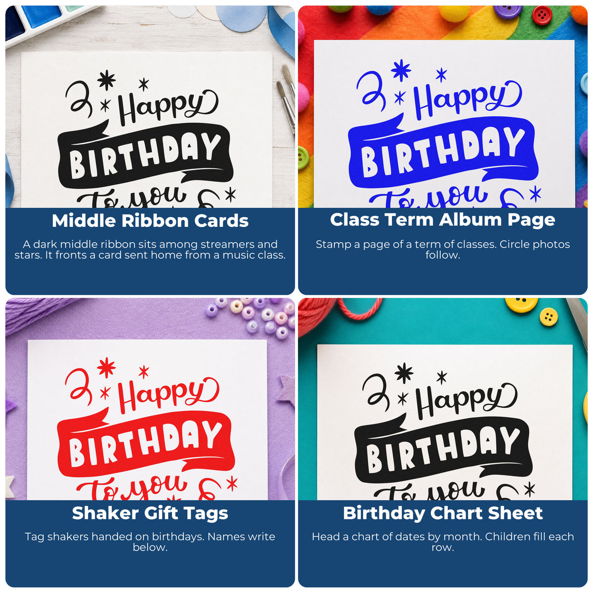 Four ways to use the Happy Birthday To You Star Accents Pre-Inked Stamp – Slim: middle ribbon cards, class term album page, shaker gift tags and birthday chart sheet.