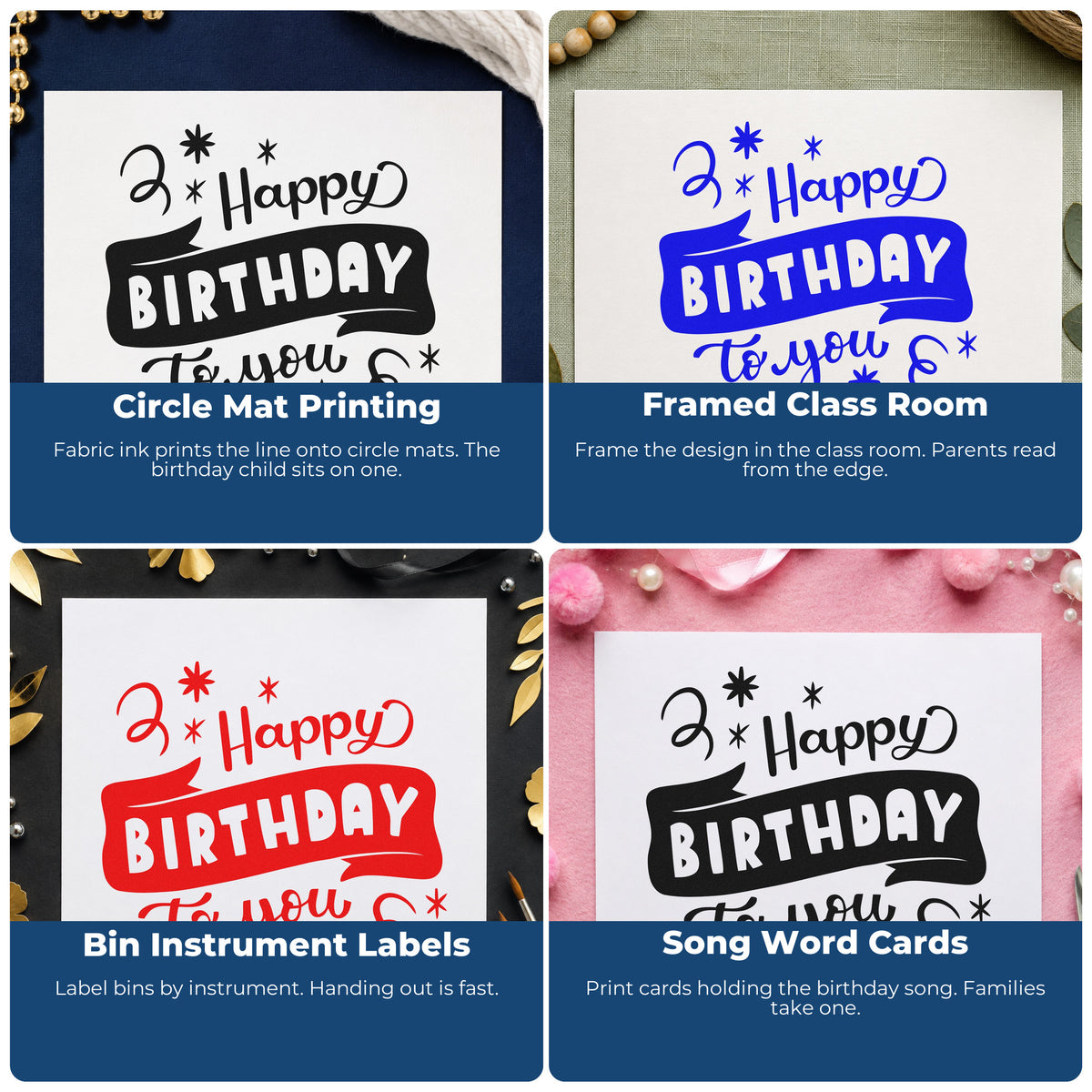 Four ways to use the Happy Birthday To You Star Accents Pre-Inked Stamp – Slim: circle mat printing, framed class room, bin instrument labels and song word cards.