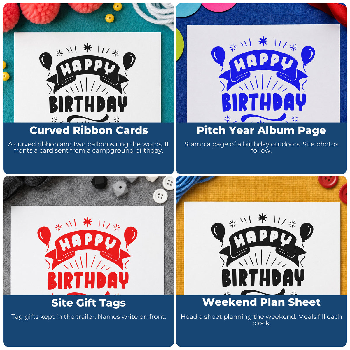 Four ways to use the Happy Birthday Balloons Banner Slim Pre-Inked Stamp: curved ribbon cards, pitch year album page, site gift tags and weekend plan sheet.