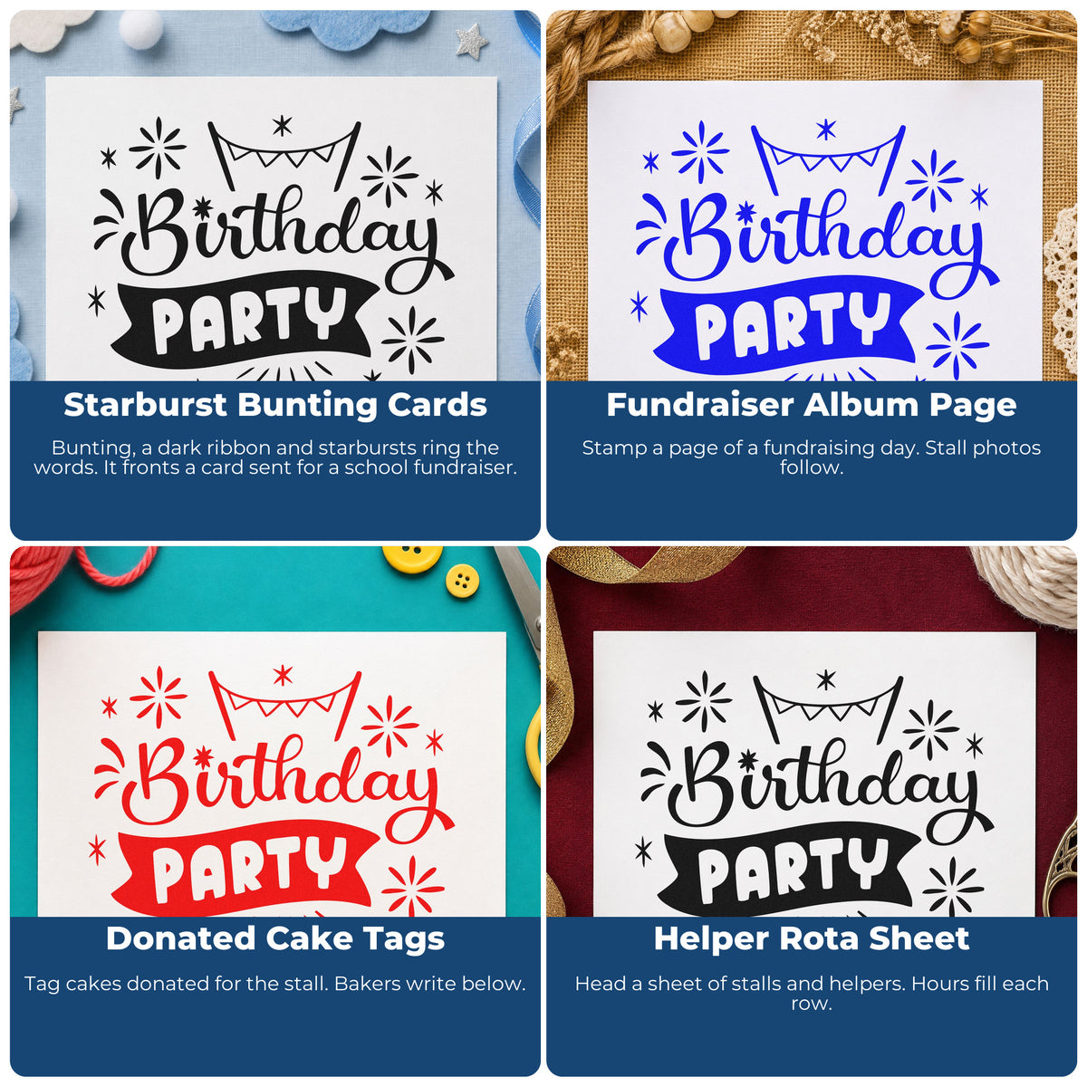 Four ways to use the Birthday Party Bunting Banner With Stars Stamp – Slim Pre-Inked: starburst bunting cards, fundraiser album page, donated cake tags and helper rota sheet.
