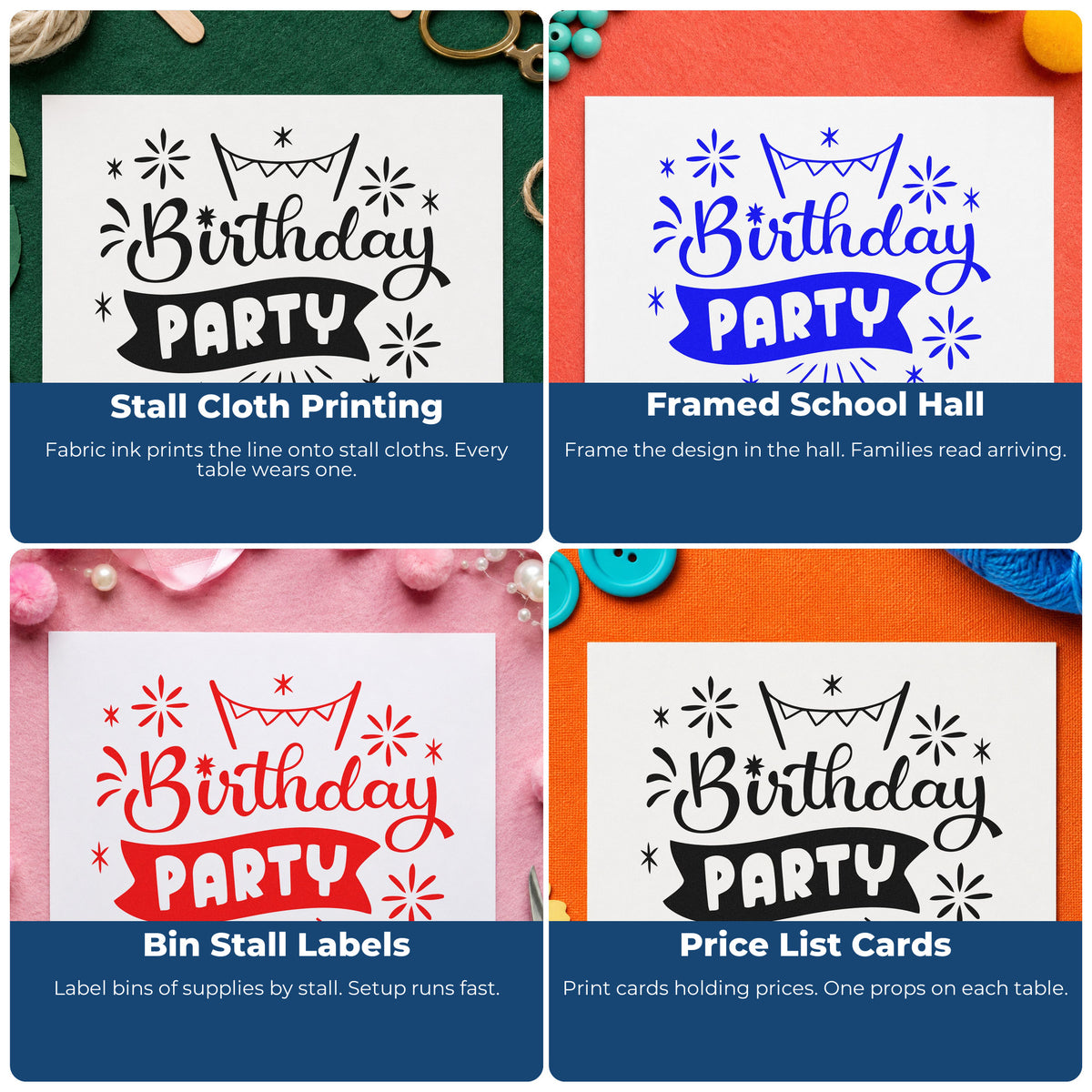 Four ways to use the Birthday Party Bunting Banner With Stars Hand Stamp – Duo: stall cloth printing, framed school hall, bin stall labels and price list cards.