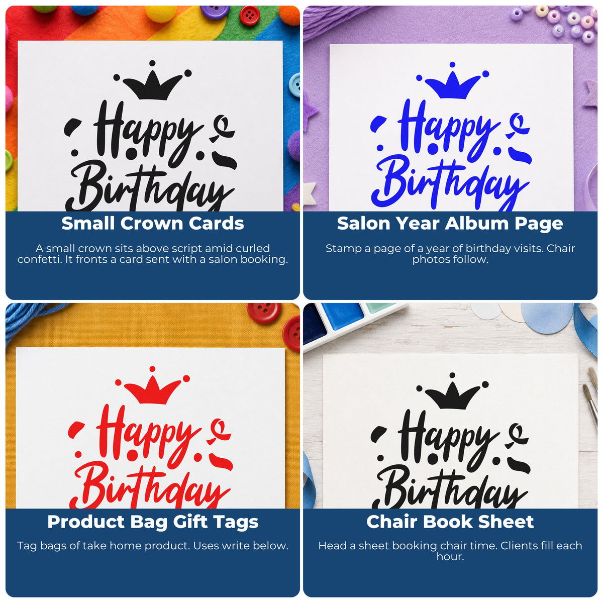 Four ways to use the Vintage Pro Birthday Crown Confetti Script Premium Wooden Stamp: small crown cards, salon year album page, product bag gift tags and chair book sheet.