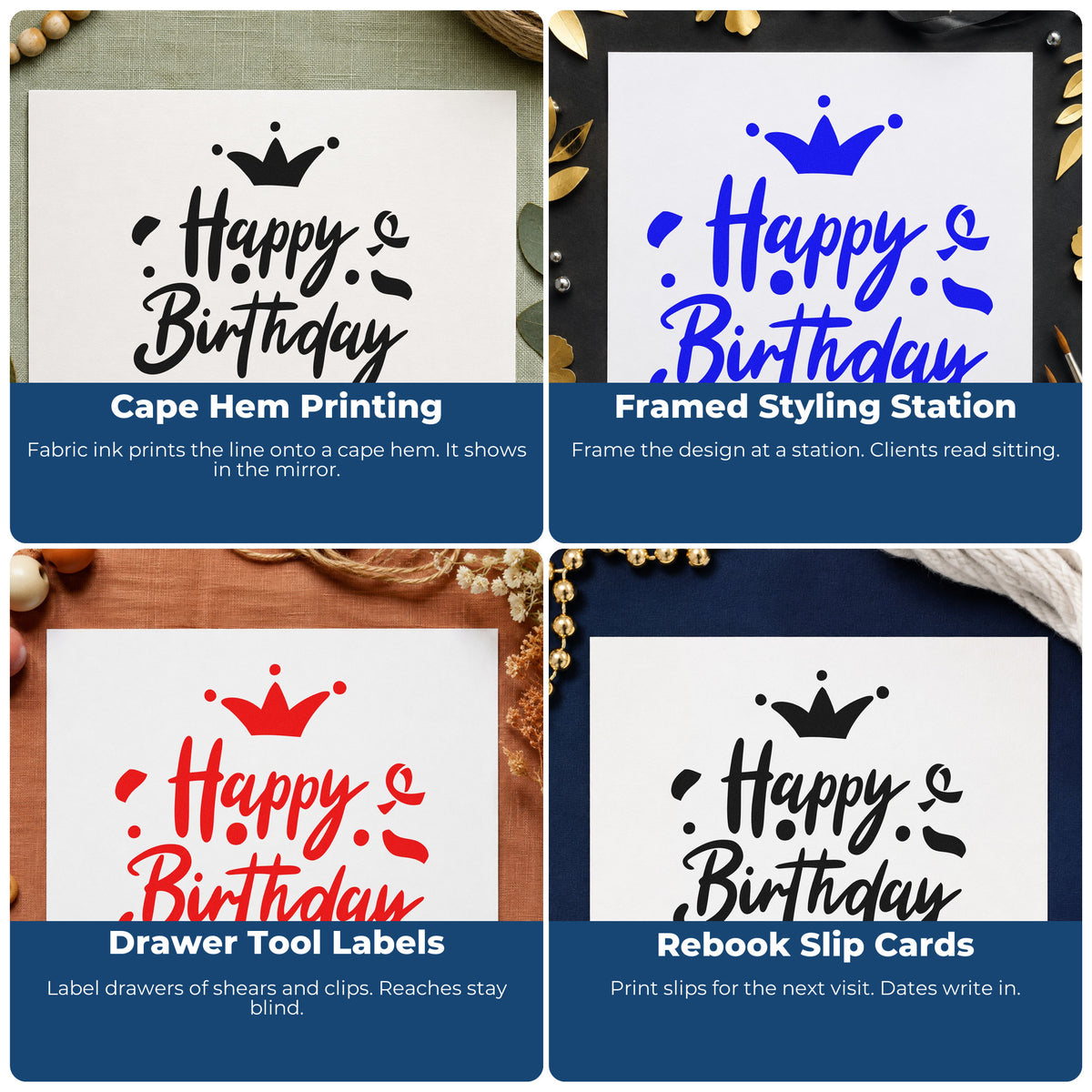 Four ways to use the Birthday Crown Confetti Script Wood Handle Stamp: cape hem printing, framed styling station, drawer tool labels and rebook slip cards.