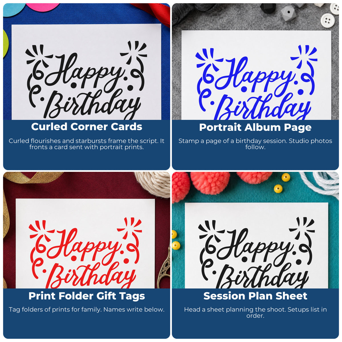 Four ways to use the Pre-Inked Birthday Script Corner Flourishes With Sparkles Stamp – PSI: curled corner cards, portrait album page, print folder gift tags and session plan sheet.