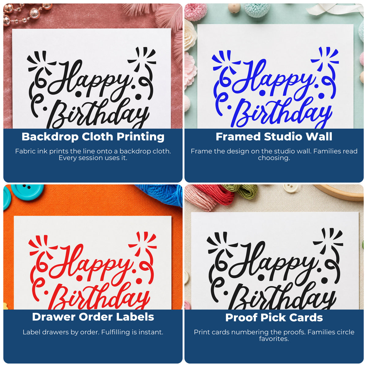 Four ways to use the Pre-Inked Birthday Script Corner Flourishes With Sparkles Stamp – PSI: backdrop cloth printing, framed studio wall, drawer order labels and proof pick cards.