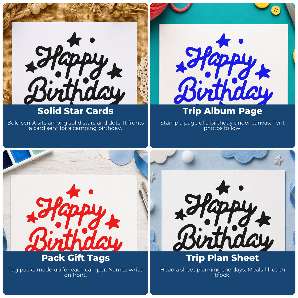 Four ways to use the Happy Birthday Stars Dots Stamp – Wood Handle: solid star cards, trip album page, pack gift tags and trip plan sheet.
