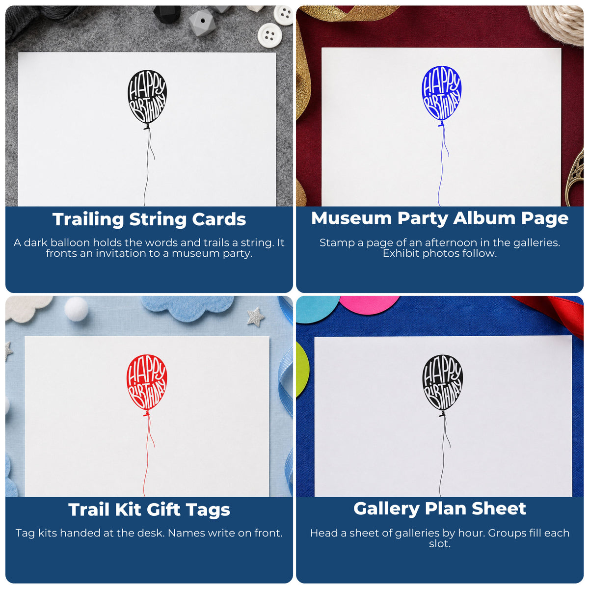 Four ways to use the Slim Pre-Inked Happy Birthday Single Balloon Stamp: trailing string cards, museum party album page, trail kit gift tags and gallery plan sheet.