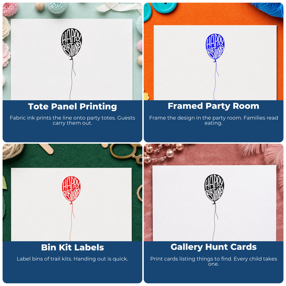 Four ways to use the Slim Pre-Inked Happy Birthday Single Balloon Stamp: tote panel printing, framed party room, bin kit labels and gallery hunt cards.