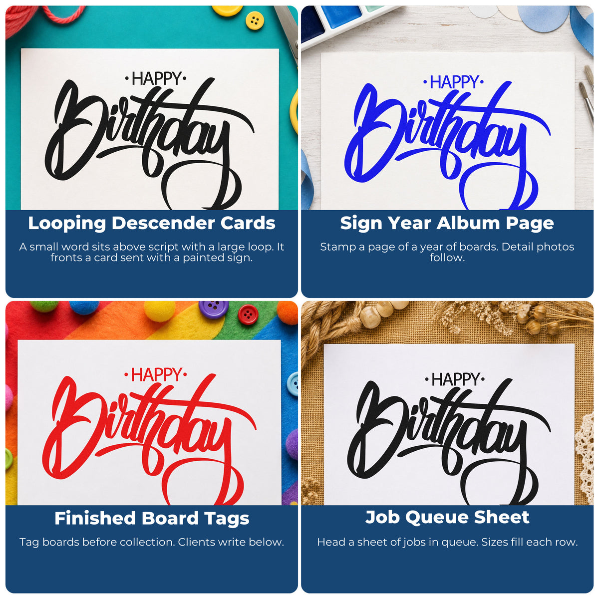 Four ways to use the Birthday Brush Lettering Loop Flourish Self-Inking Stamp: looping descender cards, sign year album page, finished board tags and job queue sheet.