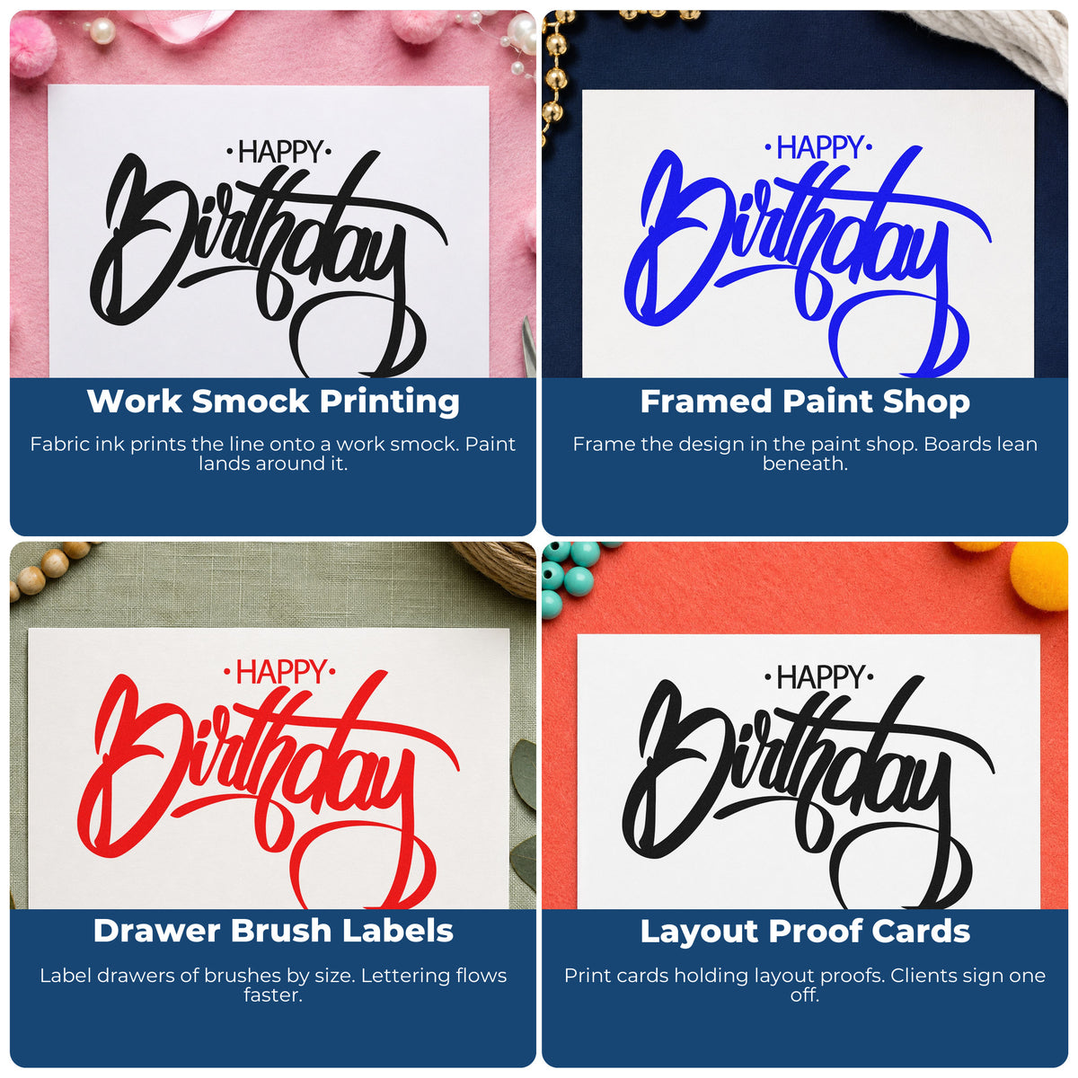 Four ways to use the Birthday Brush Lettering Loop Flourish Self-Inking Stamp: work smock printing, framed paint shop, drawer brush labels and layout proof cards.