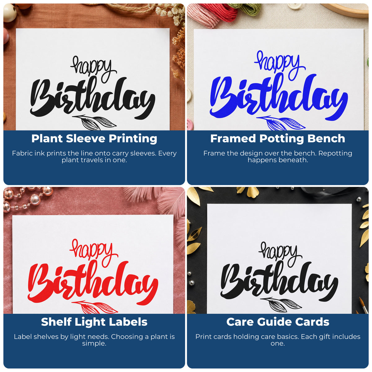 Four ways to use the Leaf-Sprig Birthday Wishes Rubber Stamp – Wood Handle: plant sleeve printing, framed potting bench, shelf light labels and care guide cards.