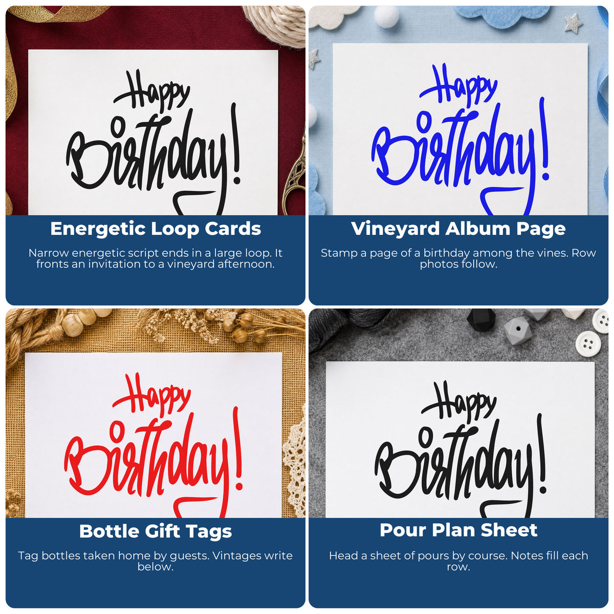 Four ways to use the Wood Handle Narrow Birthday Wishes With Final Loop Rubber Stamp: energetic loop cards, vineyard album page, bottle gift tags and pour plan sheet.