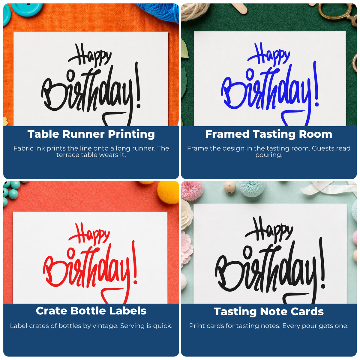Four ways to use the Narrow Birthday Wishes With Final Loop Pre-Inked Stamp – Slim: table runner printing, framed tasting room, crate bottle labels and tasting note cards.