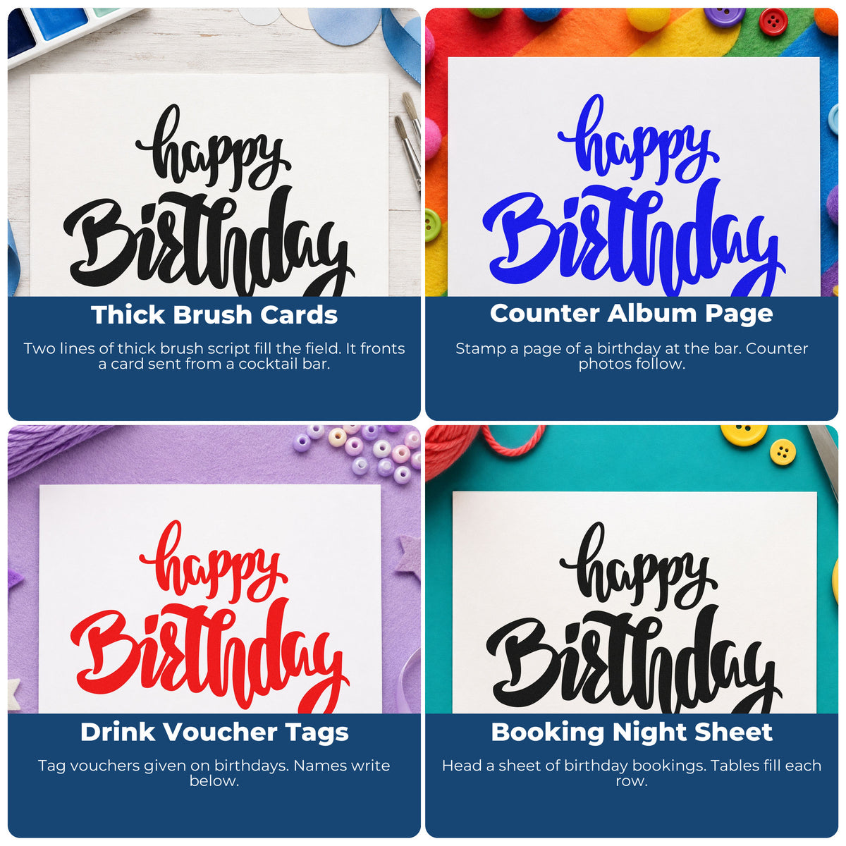 Four ways to use the Happy Birthday Heavy Script Stamp – PSI Pre-Inked: thick brush cards, counter album page, drink voucher tags and booking night sheet.