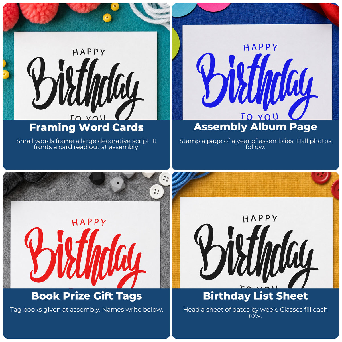 Four ways to use the Happy Birthday To You Framed Word Art Stamp – Slim Pre-Inked: framing word cards, assembly album page, book prize gift tags and birthday list sheet.
