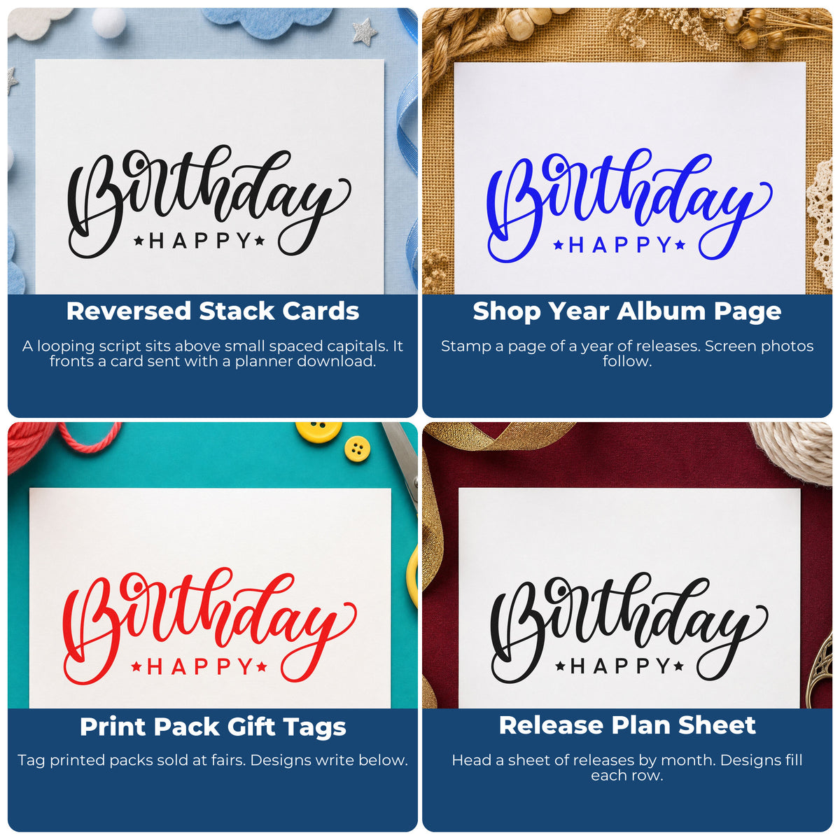 Four ways to use the Birthday Happy Reversed Layout Premium Wooden Stamp - Vintage Pro: reversed stack cards, shop year album page, print pack gift tags and release plan sheet.