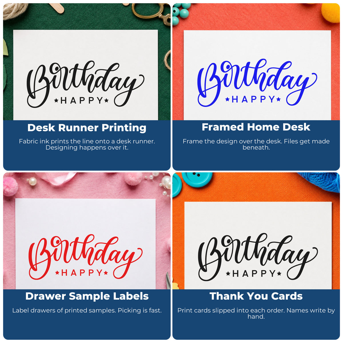 Four ways to use the Birthday Happy Reversed Layout Premium Wooden Stamp - Vintage Pro: desk runner printing, framed home desk, drawer sample labels and thank you cards.