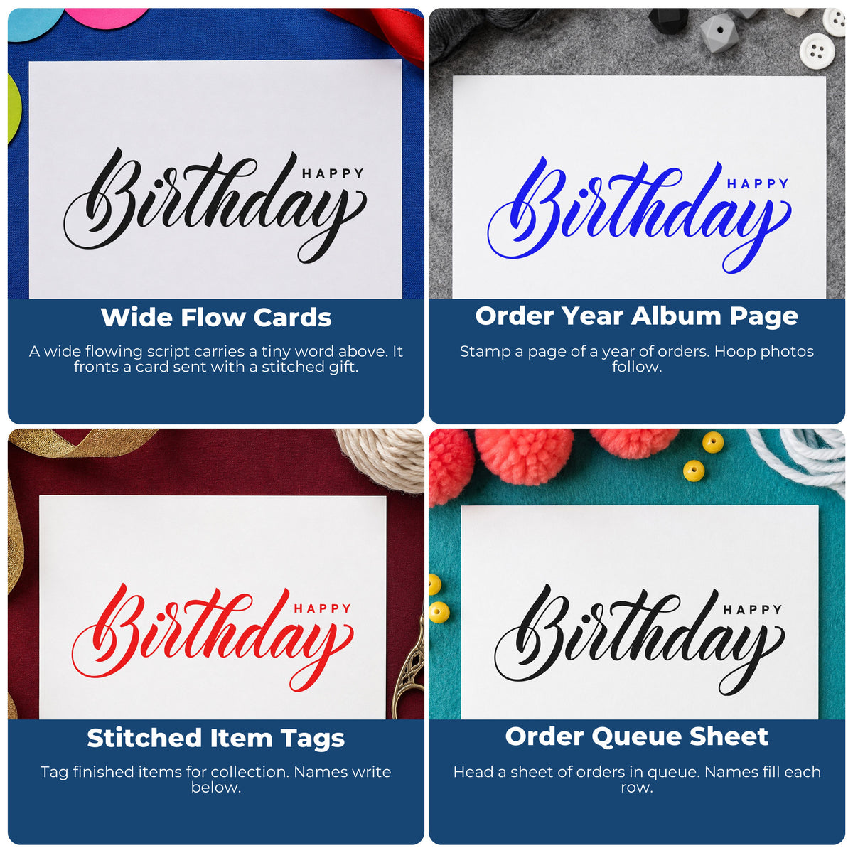 Four ways to use the Birthday Flowing Script Offset Happy Premium Wood-Mounted Stamp - Vintage Pro: wide flow cards, order year album page, stitched item tags and order queue sheet.
