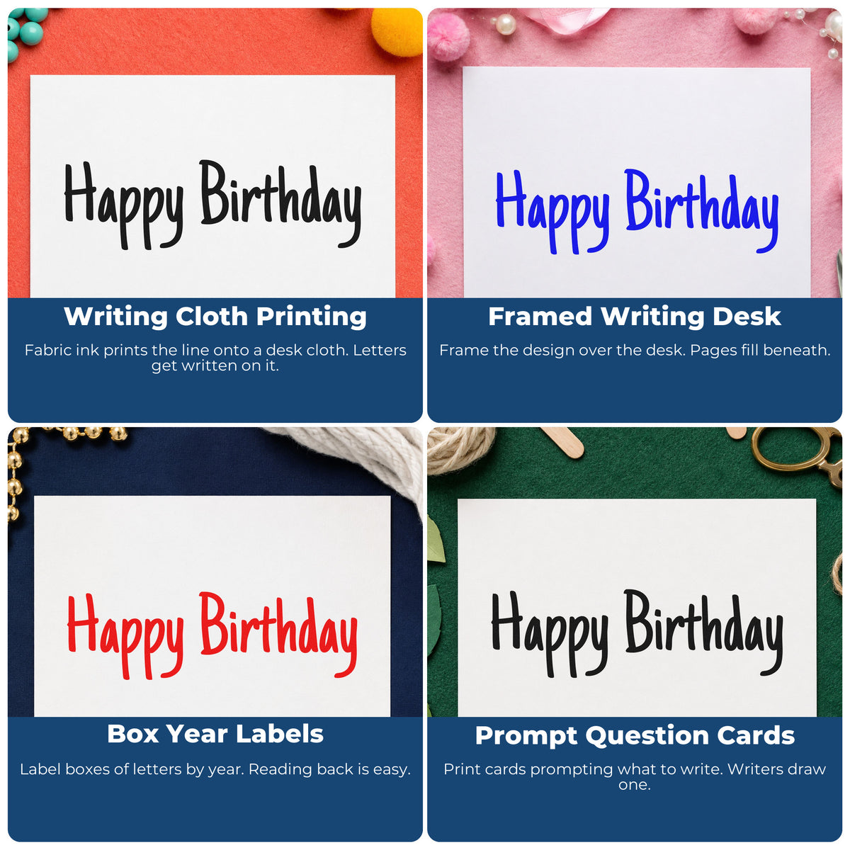 Four ways to use the Premium Wooden Happy Birthday Narrow Handwriting Lettering Stamp - Vintage Pro: writing cloth printing, framed writing desk, box year labels and prompt question cards.