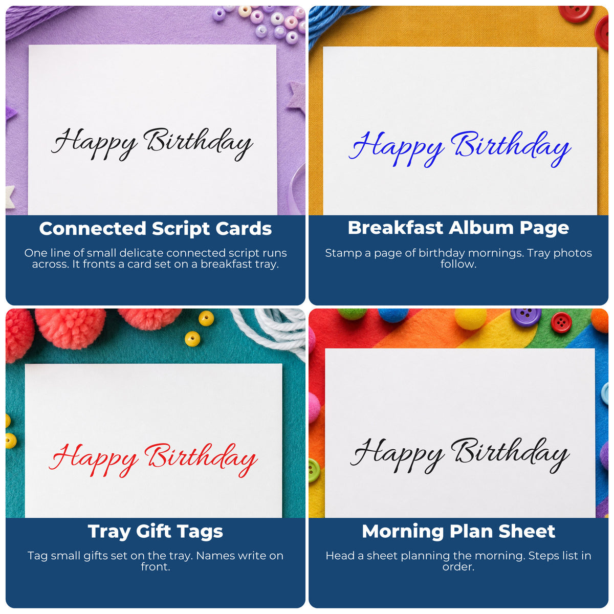 Four ways to use the Happy Birthday Delicate Connected Script Premium Wooden Stamp - Vintage Pro: connected script cards, breakfast album page, tray gift tags and morning plan sheet.