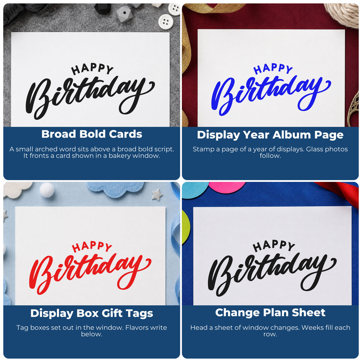 Four ways to use the Happy Birthday Arched Heading Arch Hand Stamp – Duo: broad bold cards, display year album page, display box gift tags and change plan sheet.