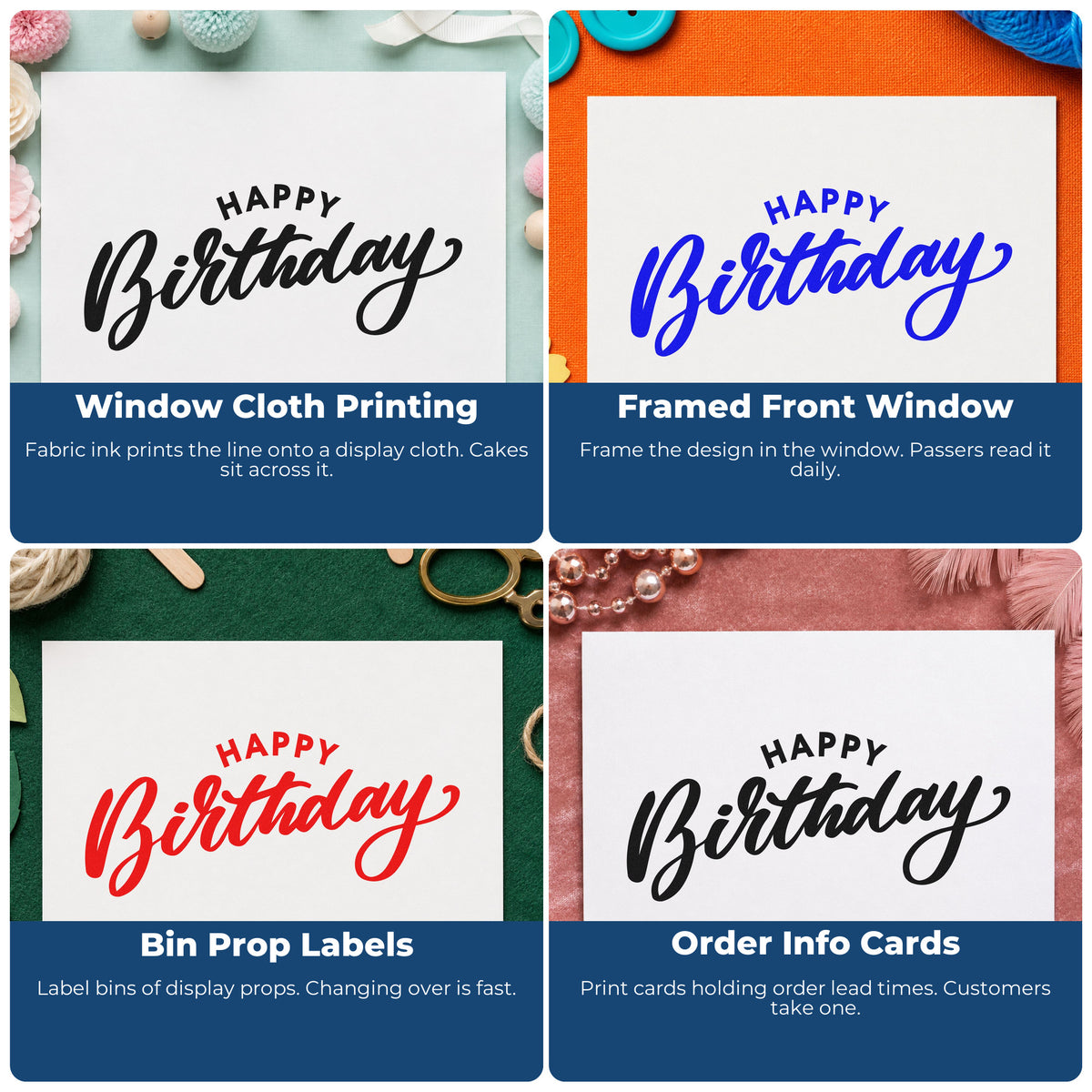 Four ways to use the Happy Birthday Arched Heading Arch PSI Pre-Inked Stamp: window cloth printing, framed front window, bin prop labels and order info cards.