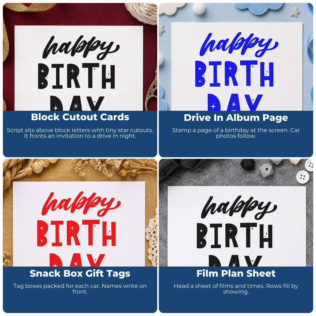 Four ways to use the Happy Birthday Star Cutouts Slim Pre-Inked Stamp: block cutout cards, drive in album page, snack box gift tags and film plan sheet.