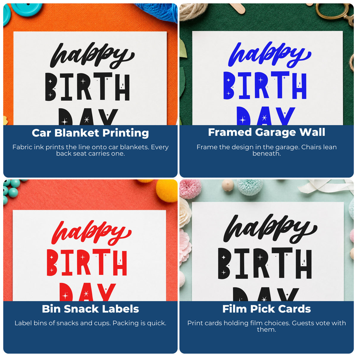 Four ways to use the Happy Birthday Star Cutouts Slim Pre-Inked Stamp: car blanket printing, framed garage wall, bin snack labels and film pick cards.