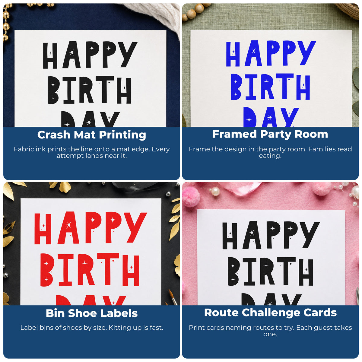 Custom birthday rubber stamp design ideas for party favor bags, gift wrap, scrapbooking, and thank you notes.