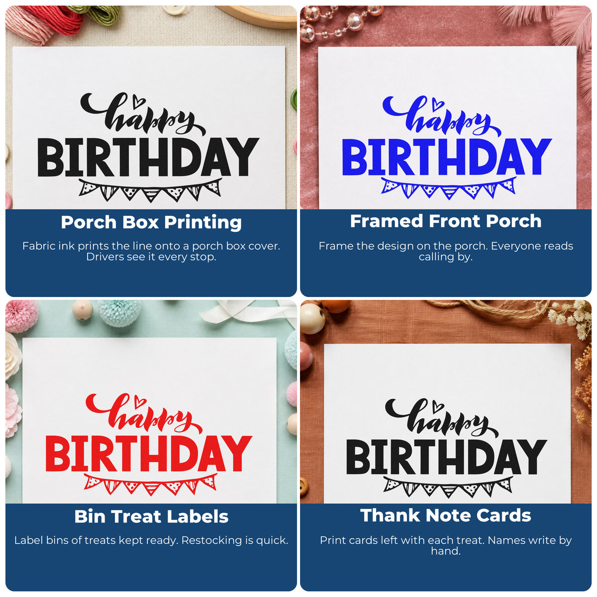 Four ways to use the Happy Birthday Pennant Underline Pre-Inked Stamp – PSI: porch box printing, framed front porch, bin treat labels and thank note cards.