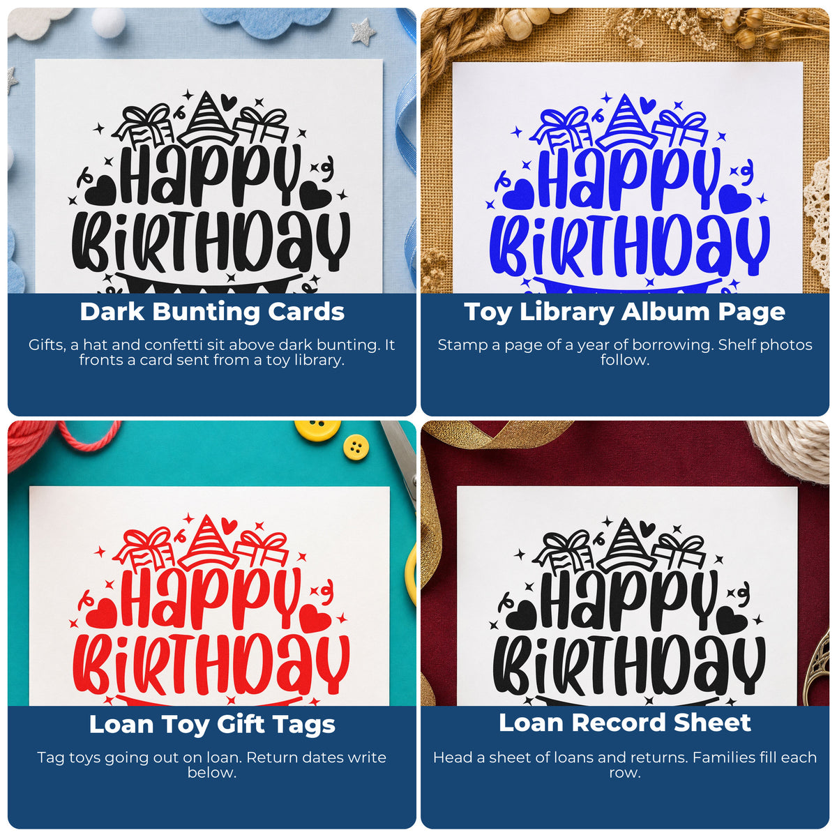 Four ways to use the Birthday Gifts Hat Bunting Confetti Rubber Stamp – Wood Handle: dark bunting cards, toy library album page, loan toy gift tags and loan record sheet.